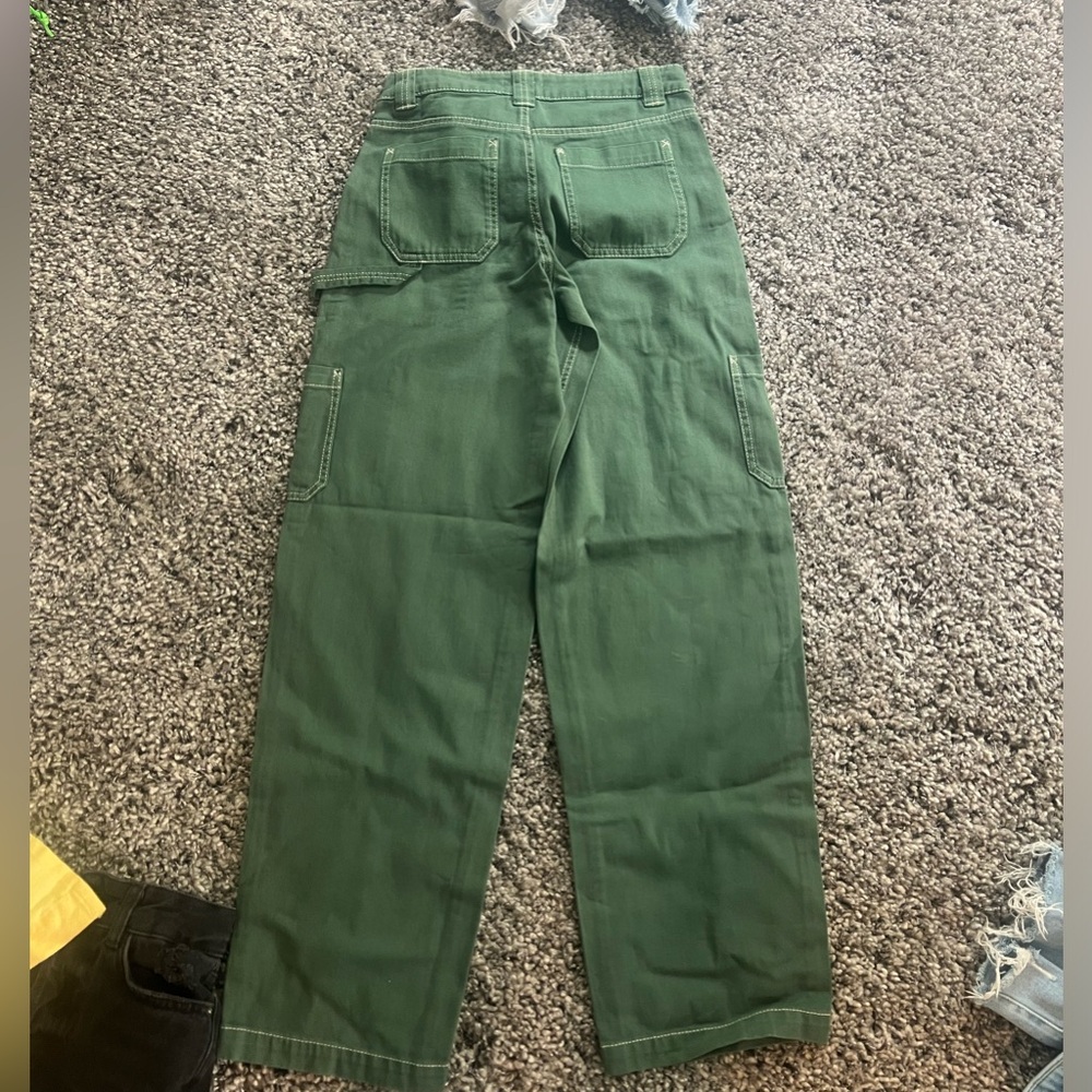 Garage green denim cargo pants with white stitching size 0